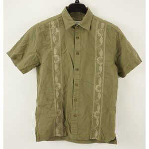 D'URBAN Japan Men's Medium Short Sleeve Green Linen Floral Button Up Shirt